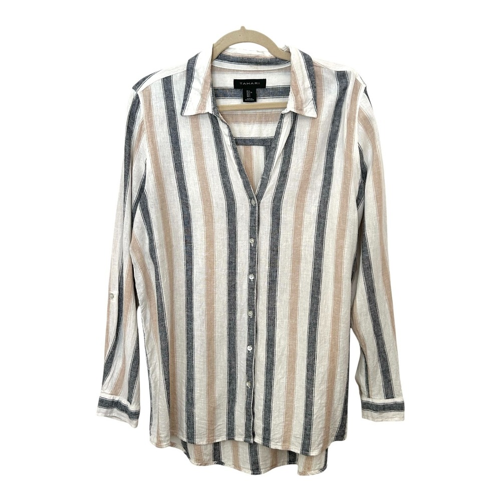 Tahari Women's Striped Blouse Top L Gray Camel White Linen Button Up Roll Tab